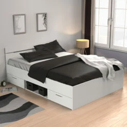 Lit Tiroir Blanc Perle Avec Sommier Et Matelas 140x190