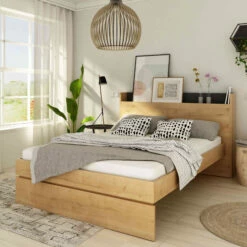 Lit Avec Tête De Lit En Bois Imitation Chêne - LI9051 -Doublures De Lit Soldes 2024 alba ambiance 3 1