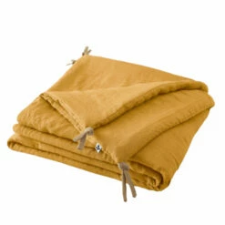 Couvre-lit à Nouettes Lin Lavé -Doublures De Lit Soldes 2024 bout de lit jaune fonce fond blanc