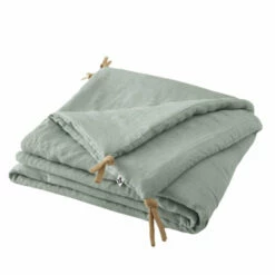 Couvre-lit à Nouettes Lin Lavé -Doublures De Lit Soldes 2024 bout de lit vert fond blanc