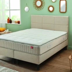 Ensemble Boxspring Surmatelas + Matelas + Sommier + Tête De Lit + Pieds Chenillé Lin Epeda ENCHANTEUR -Doublures De Lit Soldes 2024 e de boxspring enchanteur chenille lin ambiance 3 4 droite