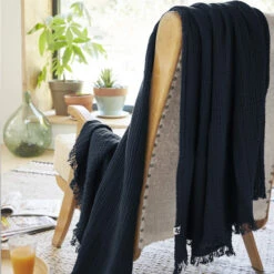 Plaid Gaze De Coton à Franges Marine -Doublures De Lit Soldes 2024 gaia bleumarine amb 2 plaid