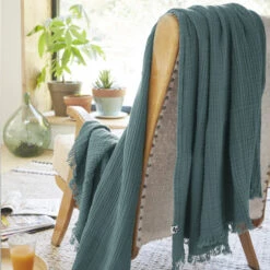 Plaid Gaze De Coton à Franges Bleu Canard -Doublures De Lit Soldes 2024 gaia canard amb 2 plaid