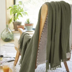 Plaid Gaze De Coton à Franges Kaki -Doublures De Lit Soldes 2024 gaia kaki amb 2 plaid
