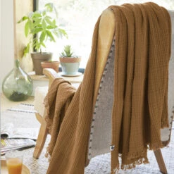 Plaid Gaze De Coton à Franges Marron -Doublures De Lit Soldes 2024 gaia marron amb 2 plaid