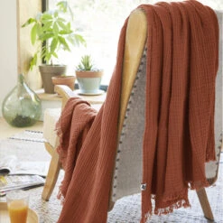Plaid Gaze De Coton à Franges Orange Terracotta -Doublures De Lit Soldes 2024 gaia orange amb 2 plaid