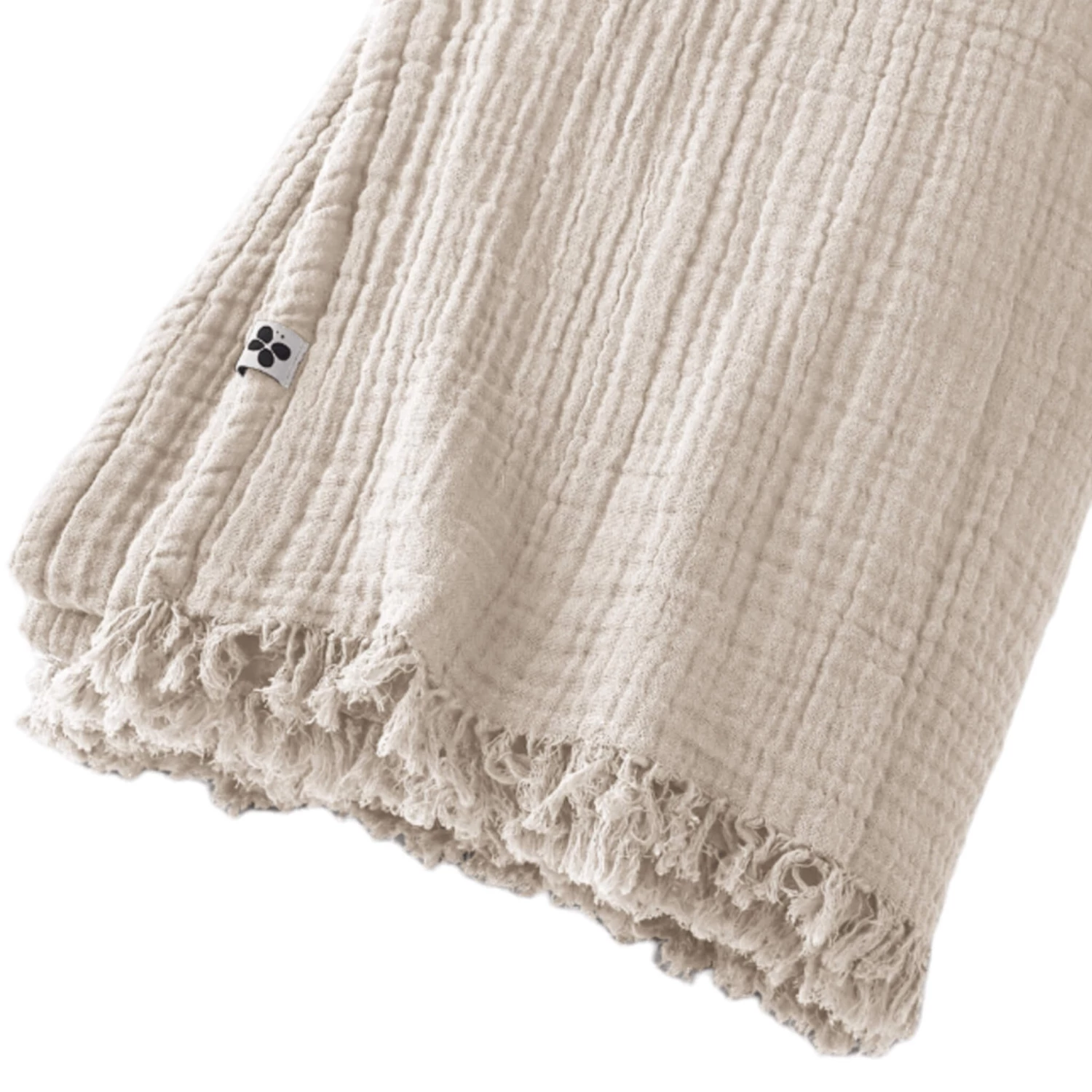 Plaid Gaze De Coton à Franges Beige 5 Plaid Gaze De Coton à Franges Beige – Image 3