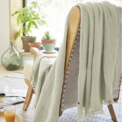 Plaid Gaze De Coton à Franges Vert D'eau -Doublures De Lit Soldes 2024 gaia vertdeau amb 2 plaid