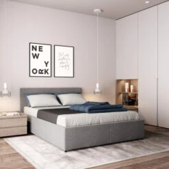 Lit Coffre En Bois Massif Avec Tête De Lit Tissu Gris Et Sommier à Lattes - LT17019 -Doublures De Lit Soldes 2024 lit coffre gris tissu 140x190 ambiance