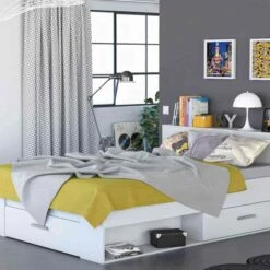 Lit En Bois Avec Tiroir Blanc Perle - LT177 -Doublures De Lit Soldes 2024 lit en bois avec tiroir blanc perle ambiance lt177 2 2