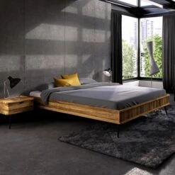 Lit En Chêne Massif Clair Avec Pieds Inclinés En Métal - LT36002 -Doublures De Lit Soldes 2024 lit kula profil ambiance 2