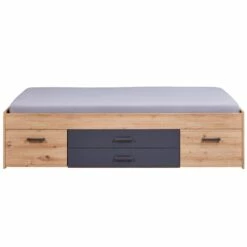 Lit Multi-rangements 90x200 Avec Table De Chevet Intégrée En Bois Imitation Chêne Et Anthracite - LT12127 -Doublures De Lit Soldes 2024 lit loria simple face fond blanc
