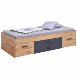 Lit Multi-rangements 90x200 Avec Table De Chevet Intégrée En Bois Imitation Chêne Et Anthracite - LT12127 -Doublures De Lit Soldes 2024 lit loria simple profil fond blanc