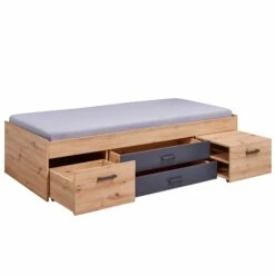 Lit Multi-rangements 90x200 Avec Table De Chevet Intégrée En Bois Imitation Chêne Et Anthracite - LT12127 -Doublures De Lit Soldes 2024 lit loria simple tiroirs ouverts profil fond blanc