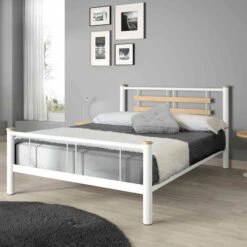 Lit En Métal Blanc Et Chêne - LT4005