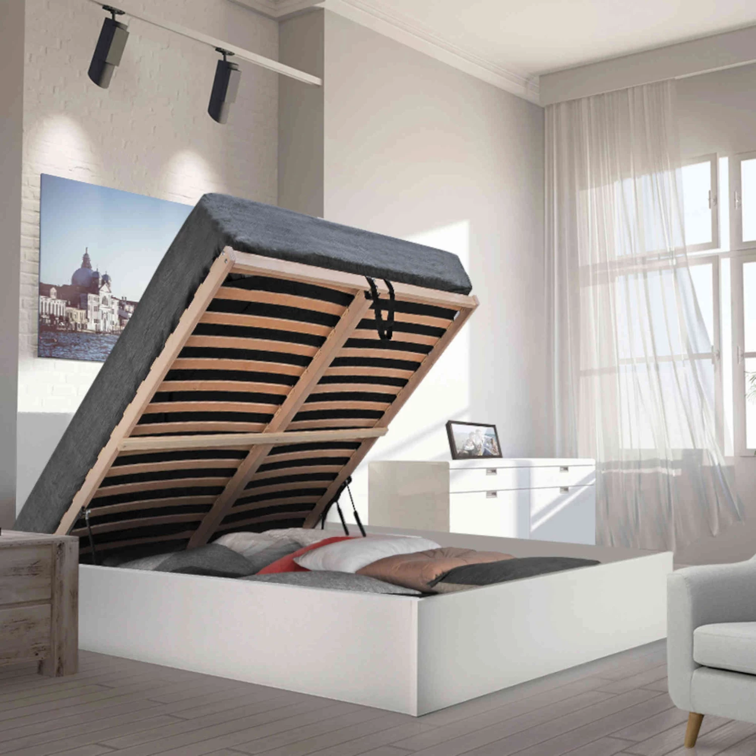 Lit Coffre Avec Sommier En Bois Blanc - LT14022 4 Lit Coffre Avec Sommier En Bois Blanc - LT14022 â Image 2