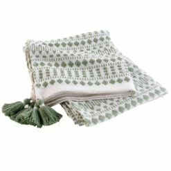 Plaid à Pompons Coton Tissé Maldives 125x150 Cm -Doublures De Lit Soldes 2024 plaid maldives kaki fond blanc 1