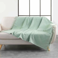 Plaid à Franges En Coton Tissé Zamina 125x150 Cm -Doublures De Lit Soldes 2024 plaid zamina vert