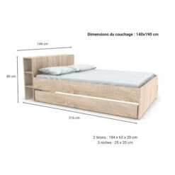 Lit 2 Tiroirs Avec Tête De Lit étagères En Bois 140x190 - LT14018 -Doublures De Lit Soldes 2024 w15web144216bla031 3 dimensions 1